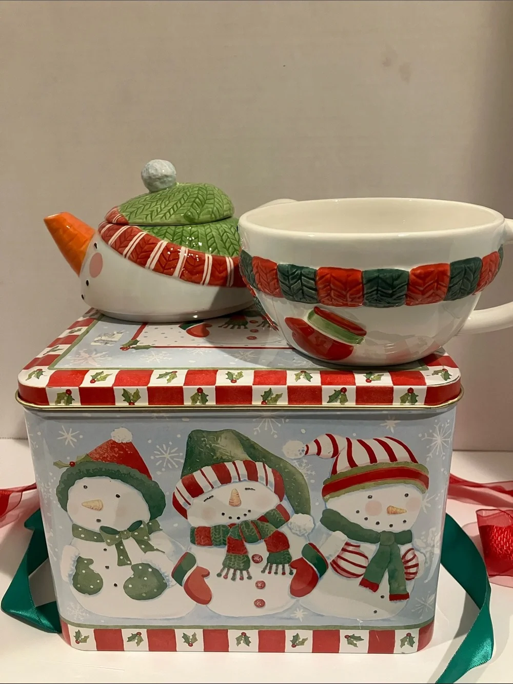Festive Snowman Tea Cup & Lid Set - Red, Green, White